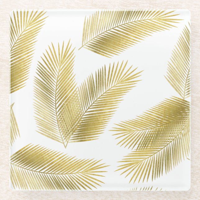Gold Foil Palm Leaves Pattern Glass Coaster (Front)