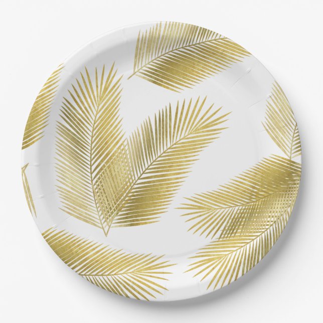 Gold Foil Palm Leaves Pattern Paper Plate (Front)