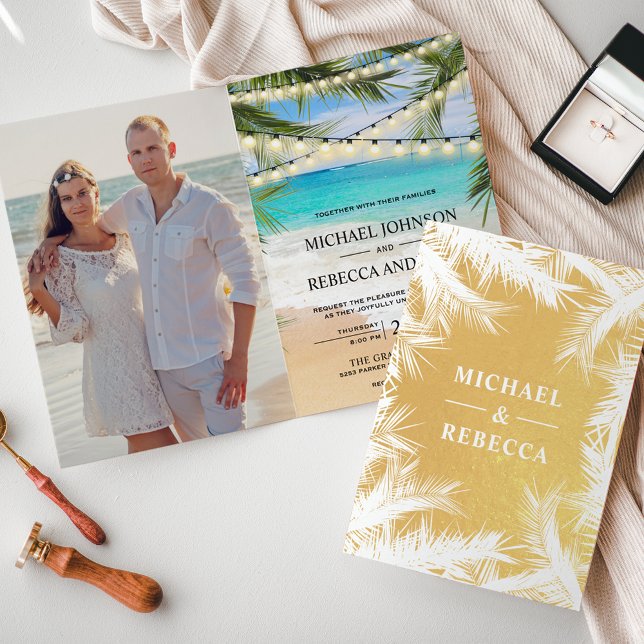 Gold Foil Palm Leaves String Lights Wedding Invite (Creator Uploaded)