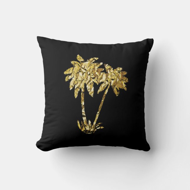 Gold Foil Palm Trees on Black Throw Pillow (Front)