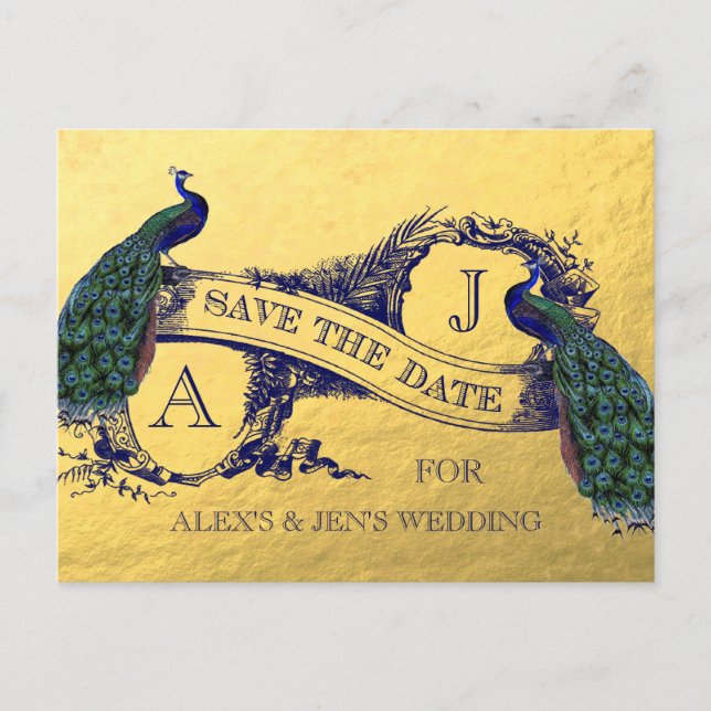 Gold Foil Peacock Save the Date Postcard (Front)
