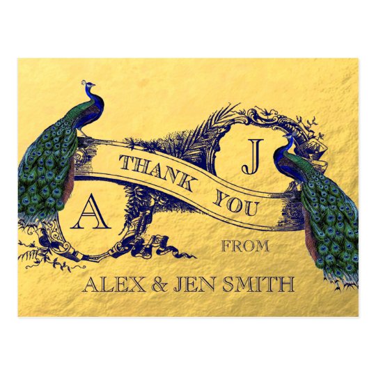 Gold Foil Peacock Wedding Thank You Postcard