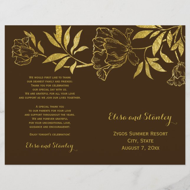 Gold foil peonies floral wedding folded program (Front)