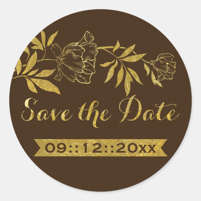 Gold foil peonies floral wedding Save the Date Classic Round Sticker (Front)