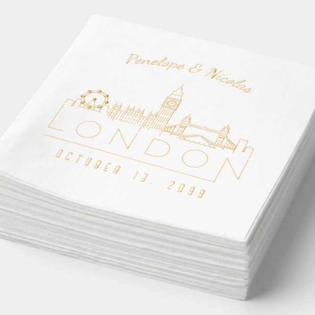 Gold Foil Personalized London Wedding Napkins (Detail)