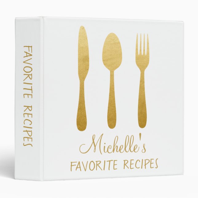 Gold Foil Personalized Recipe CookBook Spoon Fork Binder (Front/Spine)