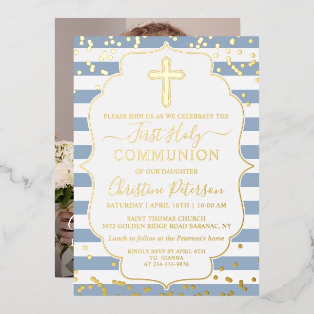 Gold Foil Photo Dusty Blue Stripes First Communion (Front/Back)