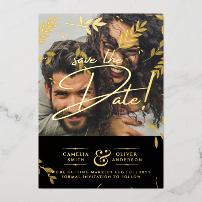 Gold Foil Photo Overlay Leaves Wedding Save Date  (Front)