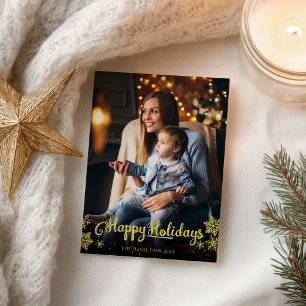 Gold Foil Photo Snowflake Happy Holidays Christmas Postcard