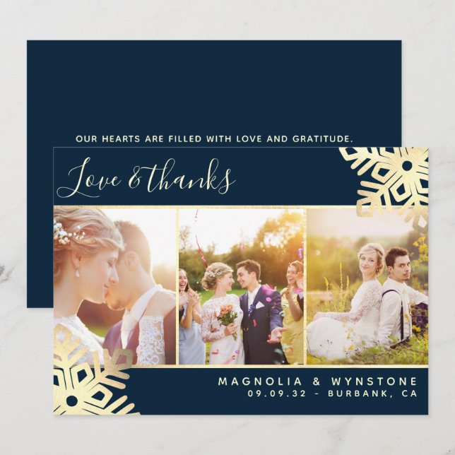 Gold Foil Photo Snowflake Wedding  Thank You Card (Front/Back)