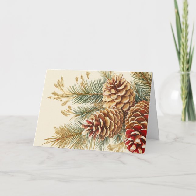 Gold Foil Pine Cones on Red Pine Boughs Card (Front)