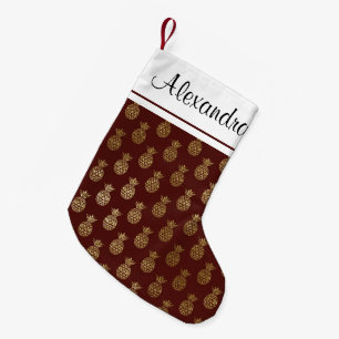 Gold Foil Pineapple and Burgundy Monogram Small Christmas Stocking