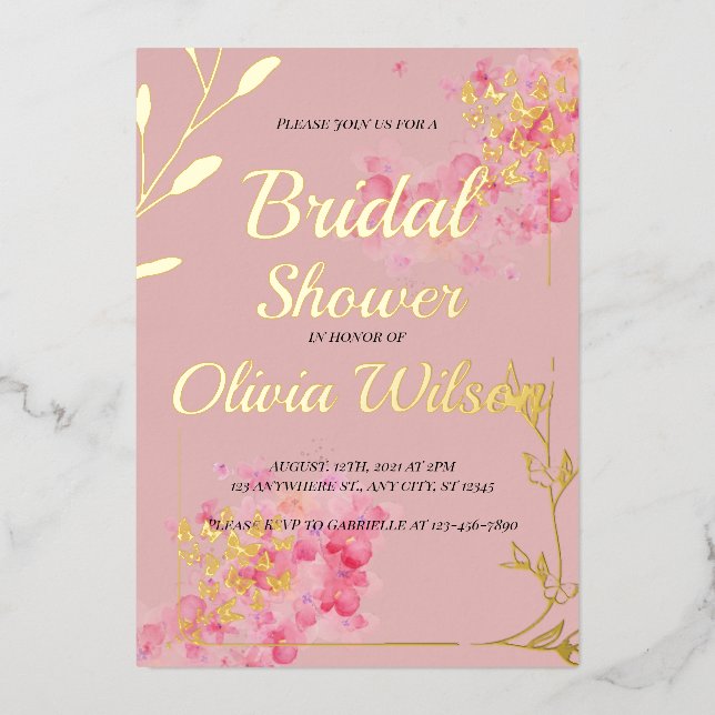 Gold foil pink bridal shower invitation (Front)