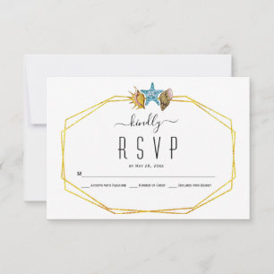 Gold foil polygon and seashells beach wedding RSVP Card