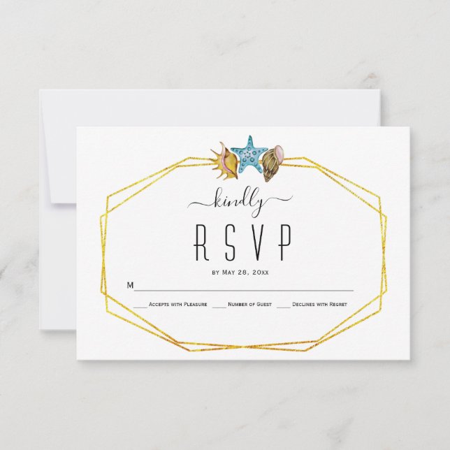 Gold foil polygon and seashells beach wedding RSVP Card (Front)