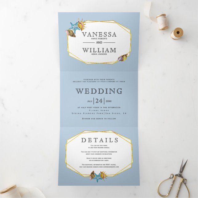 Gold foil polygon and seashells beach wedding Tri-Fold invitation (Inside)