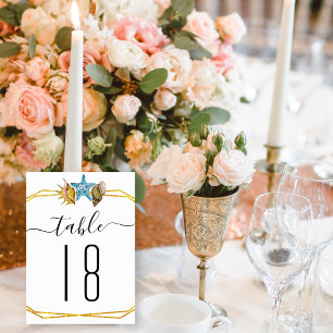 Gold foil polygon seashells wedding table number