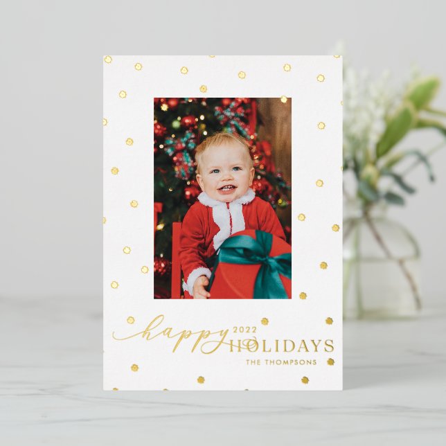Gold Foil Pompoms Polka Dot Photo Holiday Card (Standing Front)