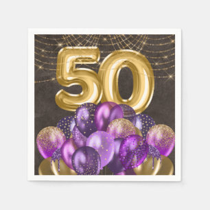 Gold Foil Purple Balloons Fifty 50th Birthday Napkin