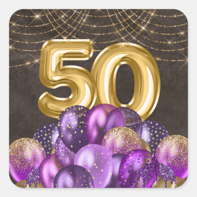Gold Foil Purple Balloons Fifty 50th Birthday Square Sticker (Front)
