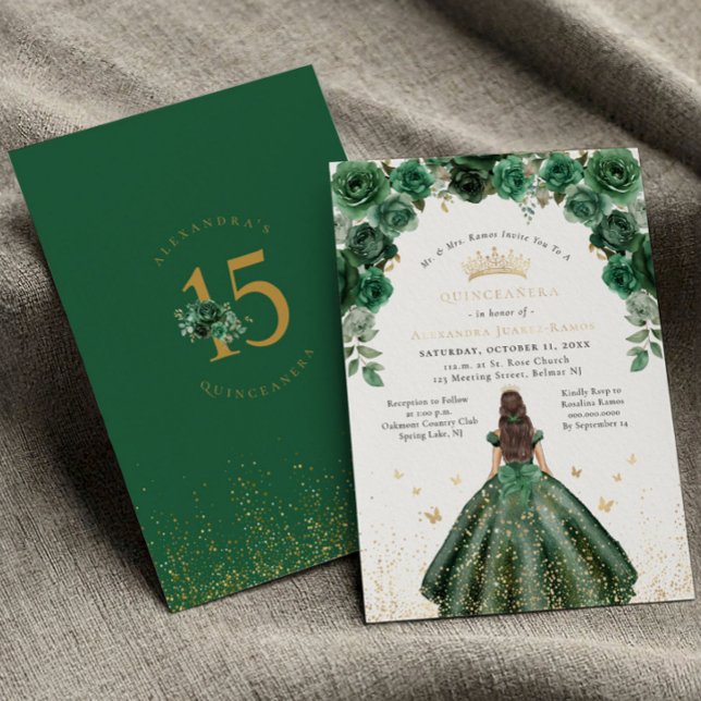 Gold Foil Quinceañera Emerald Green Floral (Creator Uploaded)