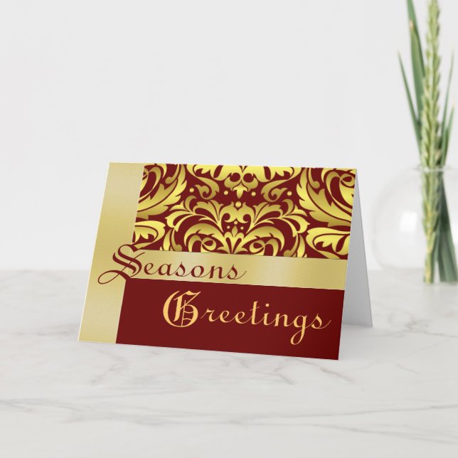 Gold Foil Red Damask Christmas Holiday Card (Front)