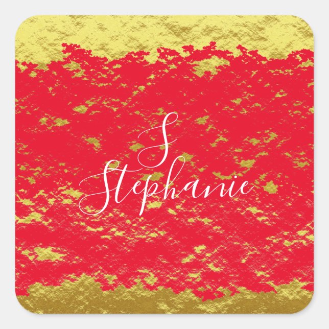 Gold Foil Red Glittery Sparkles Monogram Initials Square Sticker (Front)