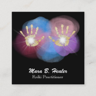 *~* Gold Foil Reiki Healing Hands Radiating Energy Square Business Card