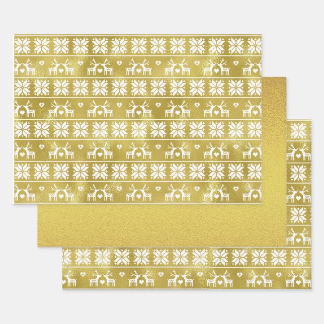 Gold Foil Reindeer Snowflake Pattern and Gold Foil Wrapping Paper Sheet (Set)
