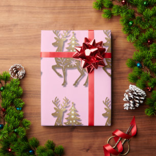 Gold Foil Reindeer with a Christmas Tree  Wrapping Paper