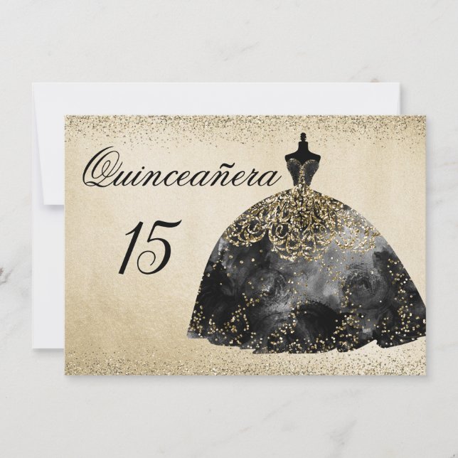 Gold Foil Robe noire Quinceanera invitation (Devant)