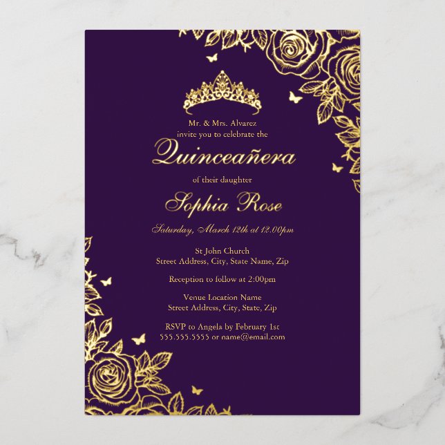 Gold Foil Rose Purple Quinceanera Birthday  (Front)