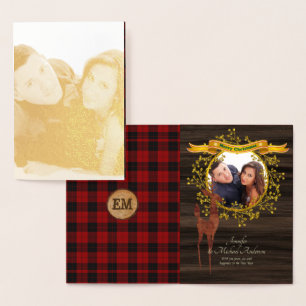 GOLD FOIL Rustic Buffalo Plaid Stag PHOTO Xmas Card