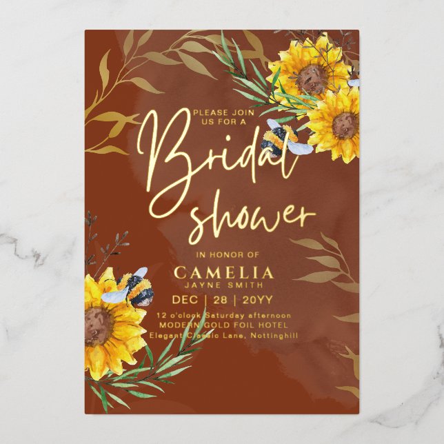 GOLD FOIL Rustic Sunflowers BRIDAL SHOWER QR Code  (Front)