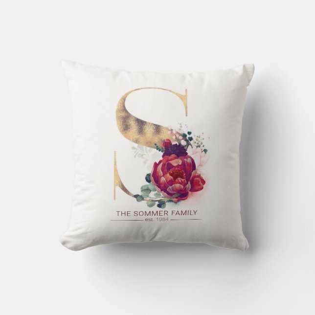 Gold Foil S Monogram Floral Burgundy Red Throw Pillow (Front)