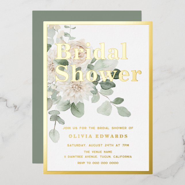 Gold Foil & Sage Green White Floral Bridal Shower  (Front/Back)