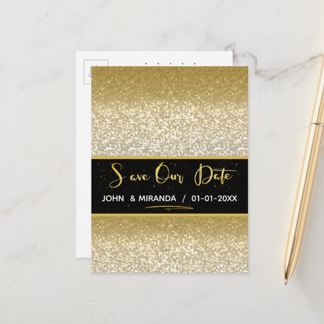 Gold Foil Save the date glitter Announcement Postcard (Front/Back In Situ)