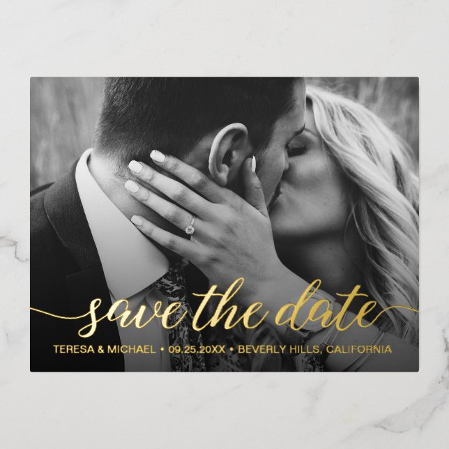 Gold foil Save the date Photo Luxe Wedding Invitation Postcard (Front)