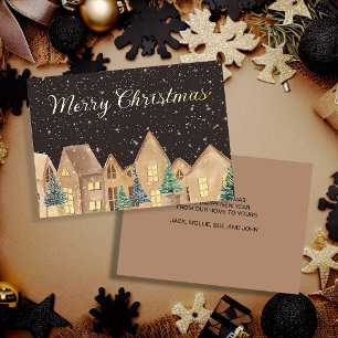 Gold Foil Scandinavian Village Houses Christmas Holiday Card