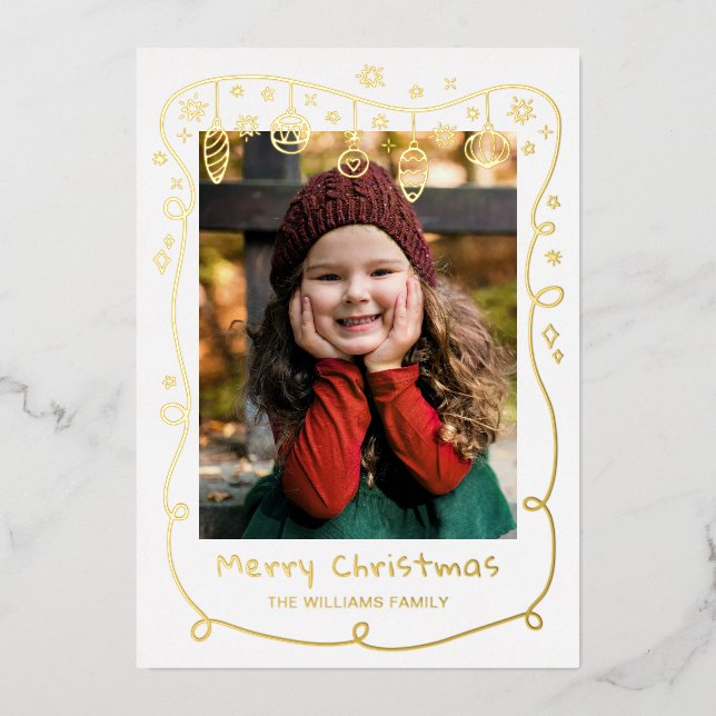 Gold Foil Scribbled Baubles Photos Merry Christmas Foil Holiday Card (Front)