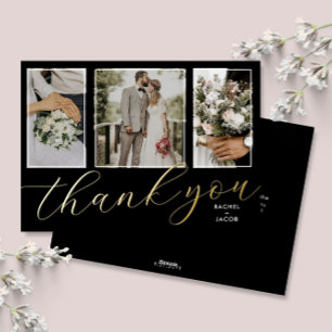 Gold Foil Script 3-Photo Wedding Thank You Card