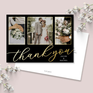 Gold Foil Script 3-Photo Wedding Thank You Card