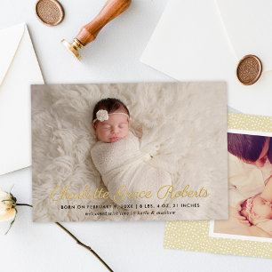 Gold Foil Script Baby Photo Birth Announcement