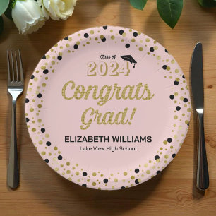 Gold Foil Script Confetti Congrats Grad Pink Paper Plate