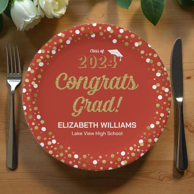 Gold Foil Script Confetti Congrats Grad Red Paper Plate (Creator Uploaded)