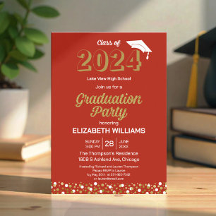 Gold Foil Script Confetti Graduation Party Red  Invitation