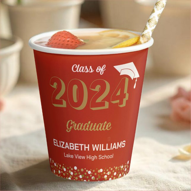 Gold Foil Script Confetti Graduation Party Red Paper Cups (Creator Uploaded)