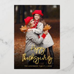 Gold foil script happy thanksgiving photo card