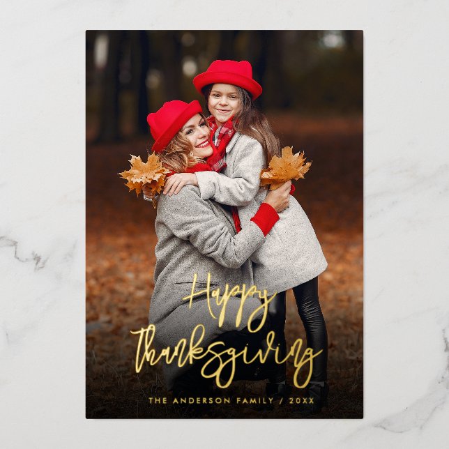 Gold foil script happy thanksgiving photo card (Front)