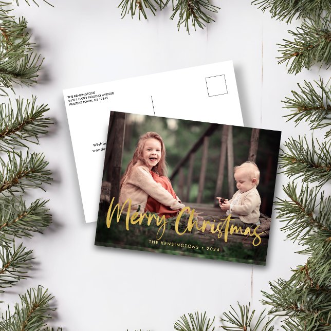 Gold Foil Script Merry Christmas Holiday Photo Postcard (Gold Foil Script Merry Christmas Holiday Photo Postcard)